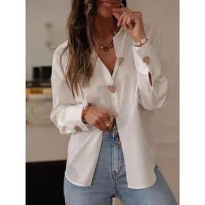 Ladies' elegant long-sleeved button-down shirt in plus size - Fixed color white, classic collar, non-stretch fabric, suitable for casual outings, spring and autumn wear, versatile top | Classic collar shirt | Non-stretch material