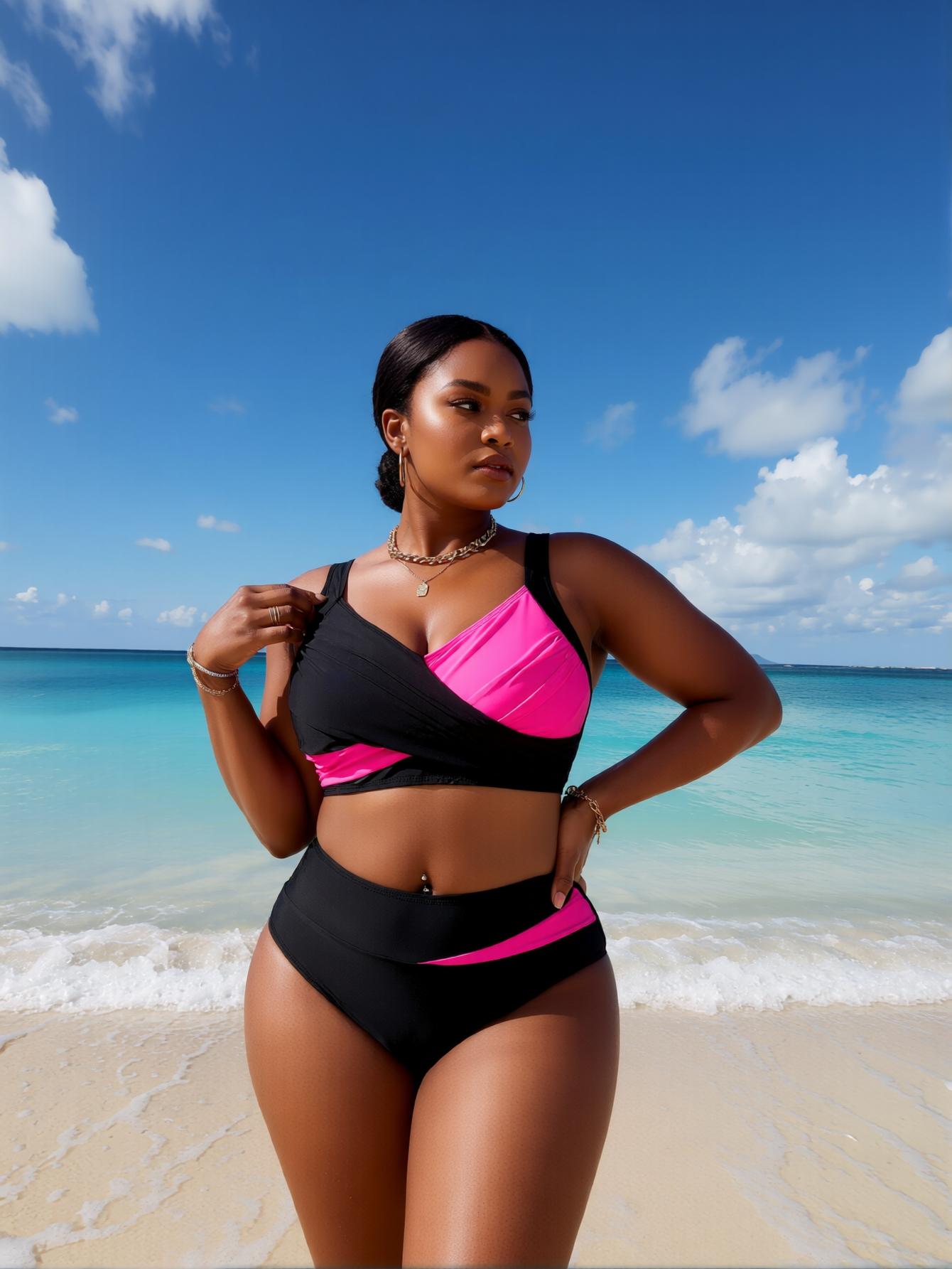 Casual Plus Size High Waist Two Piece Bikini Set Black Pink Color Block Tropical Style Beachwear
