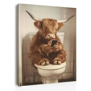 Funny Bathroom Wall Art Highland Cow with Phone Framed Canvas for Farmhouse Rustic Decor Includes Hooks and Nails Easy Install