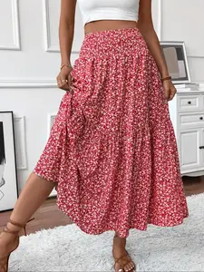 Plus Size Women's Floral Print Long Skirt, Casual Bohemian Fitted Skirt for All Seasons, Womenswear Comfortable Moderate Thickness Fabric, Boho Skirt, Boho Casual Skirts, Floral Printed Skirt