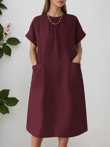 ZANZEA Women's Casual Dress, Womenswear Basic, Round Neck Short Sleeve Patch Pocket Side Slit Design, Perfect for Everyday, Comfortable and Stylish, Minimalist