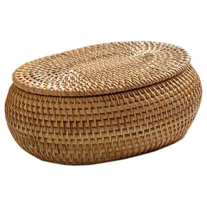 SEWS-Rattan Box Storage Baskets With Lid, Rattan Basket, Handwoven Round Woven Basket, Desktop Decorative Box For Home,Office