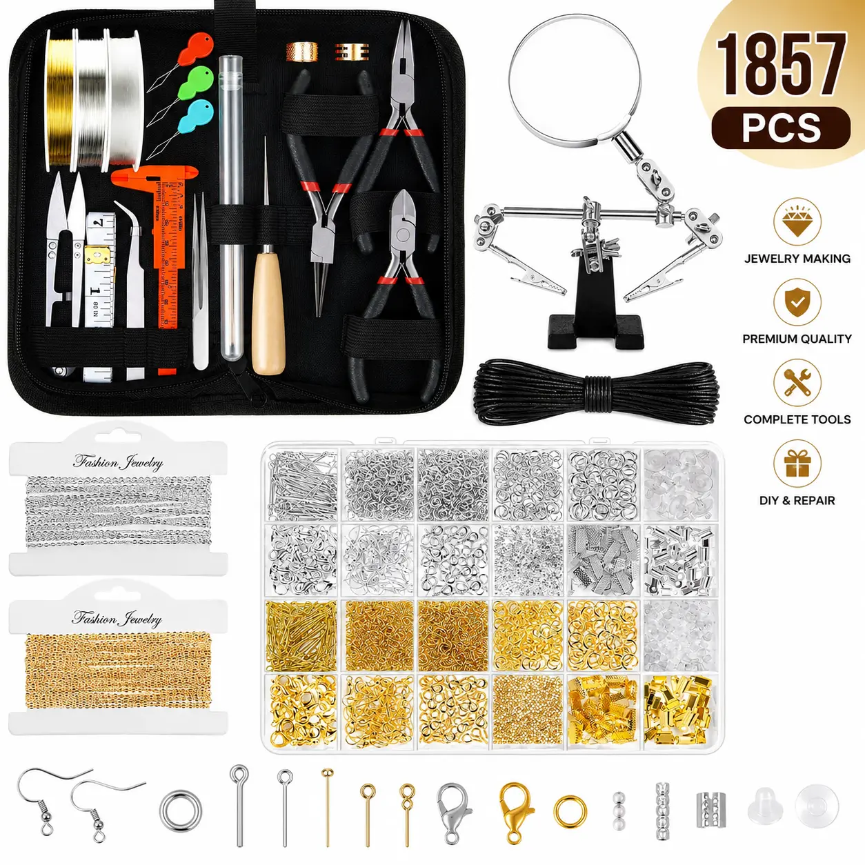 1857 Pcs Jewelry Making Supplies Kit for Adults, Jewelry Making Tools with Earring Hooks, Findings, Wires, Chains and Helping Hands for Crafts Making and Repair