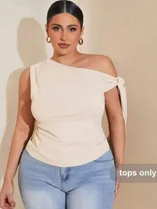 Plus Size Women Asymmetric Cold Shoulder Black Top, Suitable For Commute, Dates, Afternoon Tea