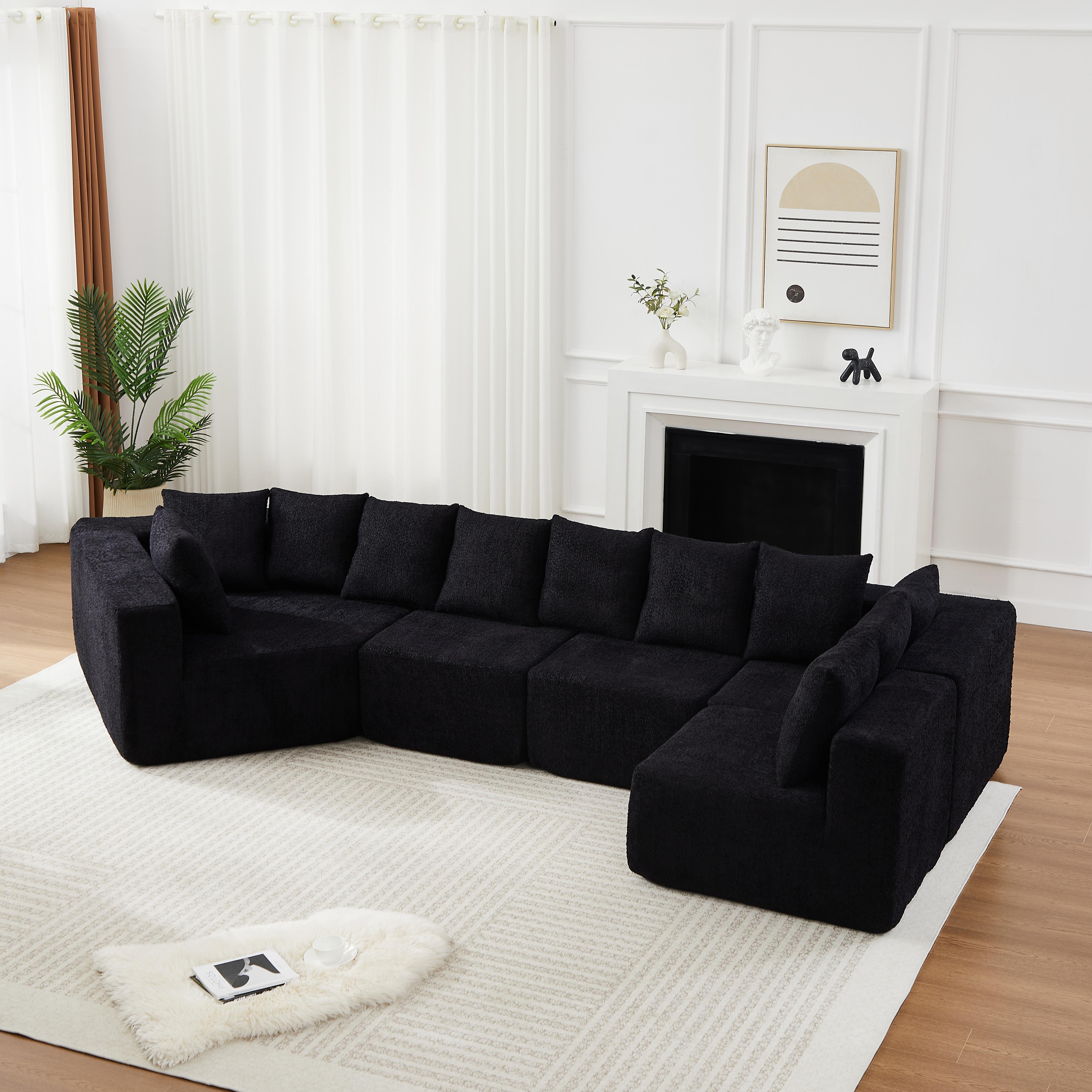 [Niccae] 151.6-inch extra-large L-shaped deep-seat modular sofa, chenille fabric sectional sofa, includes 11 cushions, curved chaise lounge, floor-standing living room sofa, no assembly required, beige and black.
