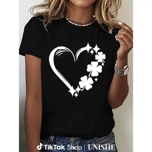 Heart Graphic Round Neck Tee – Women’s Short Sleeve Tee for Casual Daily Use