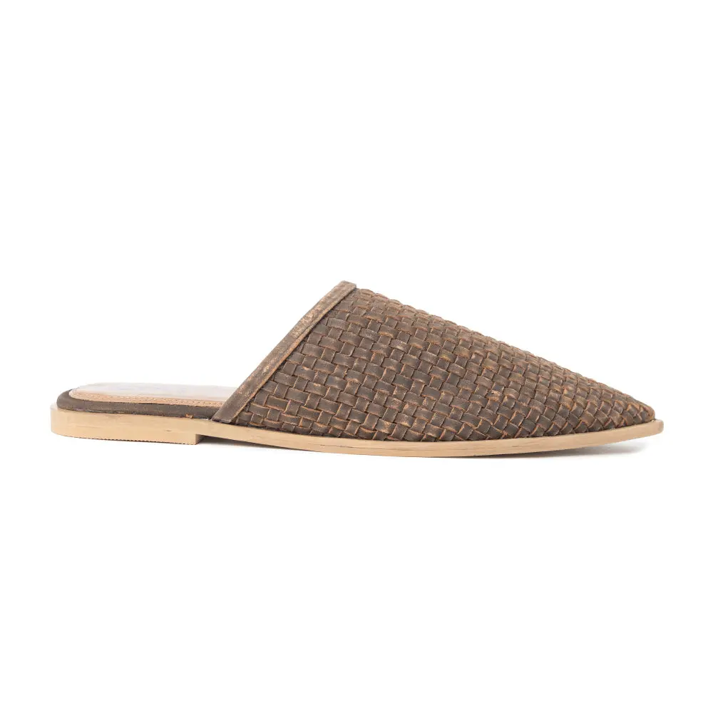 Woven Leather Mule Sandals for Women, Western Cowgirl Slip-On Flat Shoes with Comfortable Sole in Espresso Brown, Slip-On Style, Myra, Genuine Leather, Western Mules, Cowboy Mules