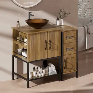 VNN Bathroom Vanity with Sink - 36 Inch Bathroom Vanity with Sink, Open Shelves and 3 Storage Drawers Side Cabinet, Modern Iron Wood Cabinet with Countertop Tempered Glass Vessel, Oak
