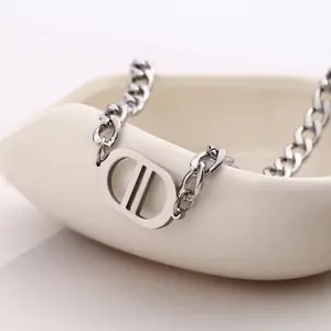 European and American Cuban Chain Double D Letter Titanium Steel Necklace for Women Versatile Fashion Korean Trend Hip Hop Pig Nose Necklace for Children Boys
