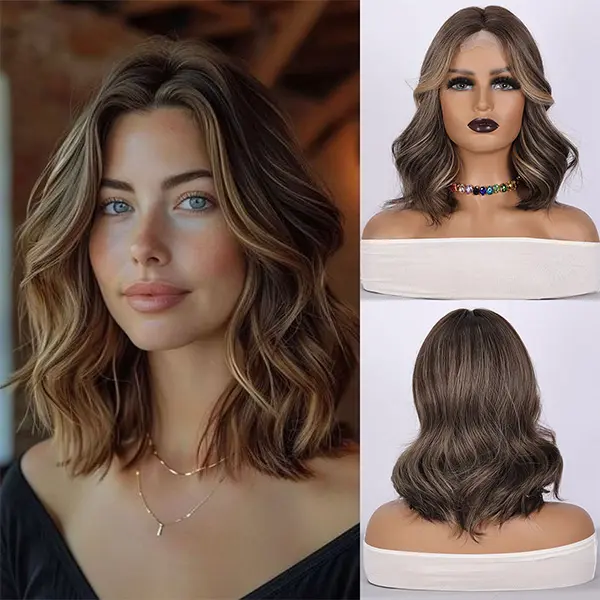 SMILCO Synthetic Lace Front Wig SM1680 - 14In Highlight Gold with Brown Small Lace, Short Wavy, Heat Resistant Synthetic Material Wig, Lace Frontal Wigs, Synthetic Material Wigs