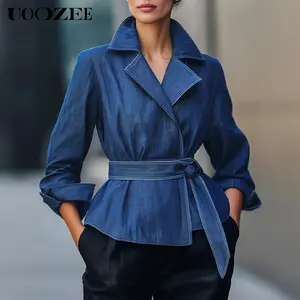 UOOZEE Women's 2025 Autumn-Spring Cotton-Polyester Outerwear - Long Sleeve, Fitted, Elegant, Casual, Comfortable, Breathable, Strap-Tied Waist, Notched Collar, Solid Vintage Blue - For Commuting (Broad-Shouldered Ladies Note to Size Up)
