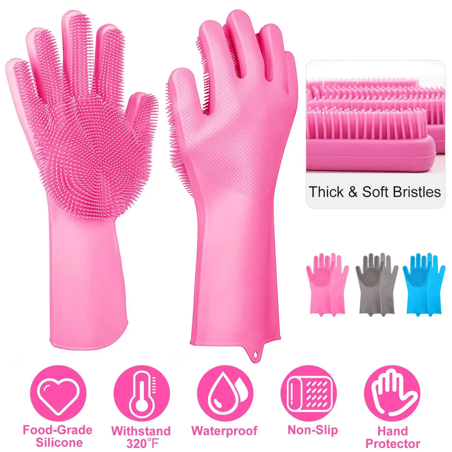1 Pair Food-Grade Silicone Dishwashing Gloves - Multi-Use Cleaning Glove with Built-In Sponge, Pet Scrubber, Heat-Resistant Feature, Silicone Glove