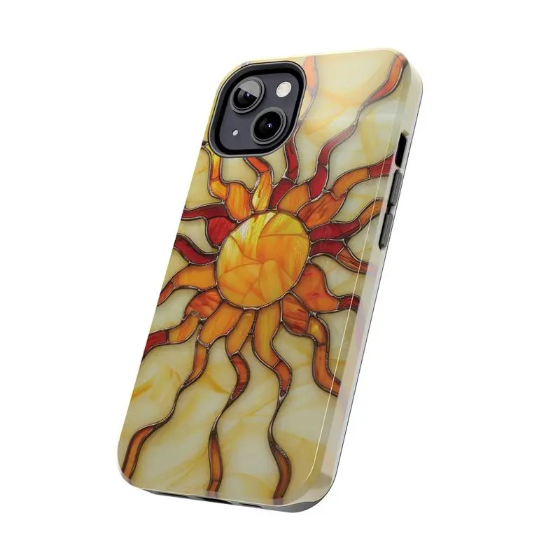 Celestial Stained Glass Stars Sun Phone Case for iPhone 11-16 - Tough Protective Cover with Glossy Finish & Impact Resistance