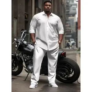 Men's Plus Size Casual Suit Set - Polyester Lapel Shirt with Slight Stretch, Solid Color Woven Bottoms, Regular Fit Elastane Clothes Pants Tops Long Sleeve Black Menswear Gamis Trouser