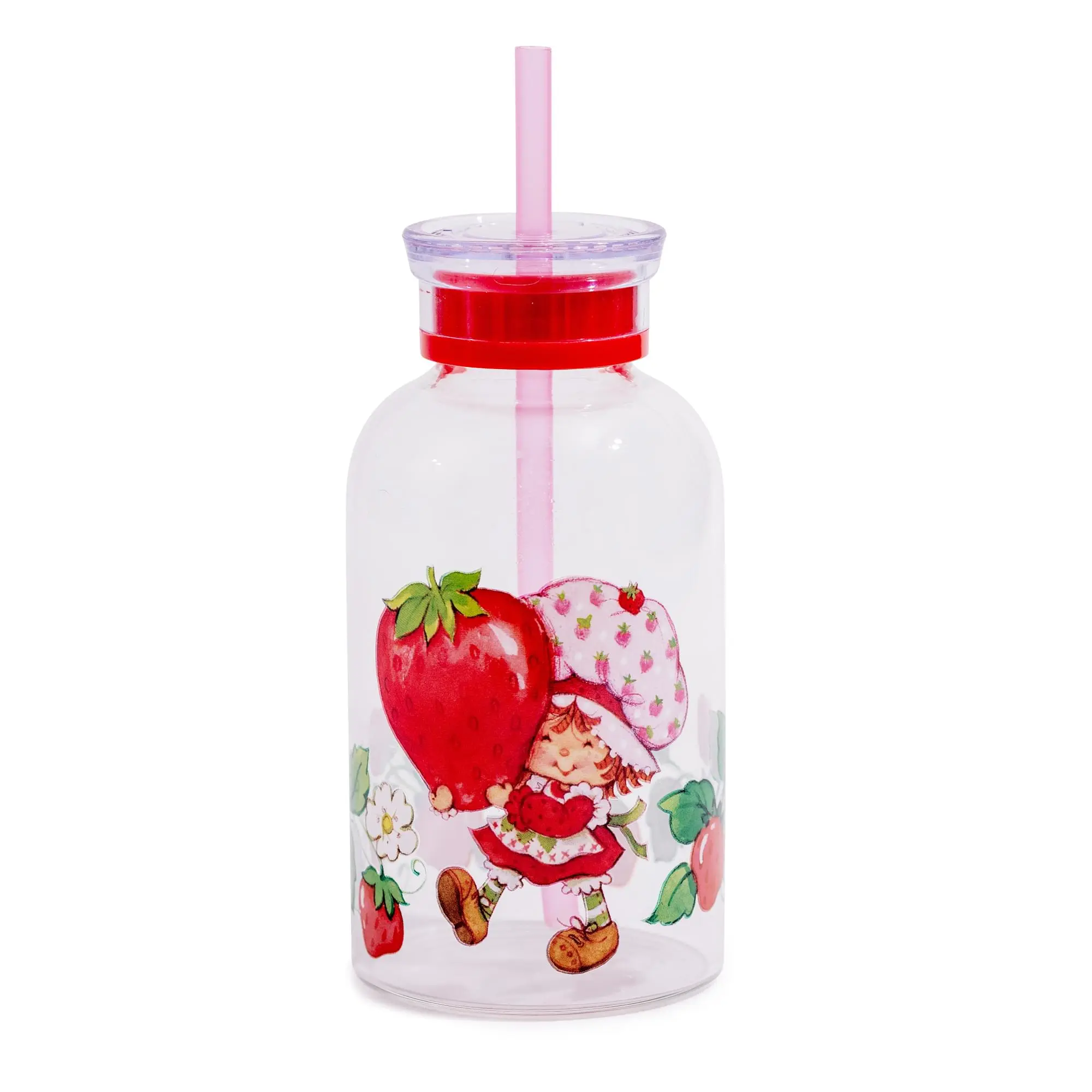 15-oz Translucent Glass Strawberry Shortcake Milk Bottle Tumbler with Straw, Reusable Kitchen Tableware Cup for Beverages