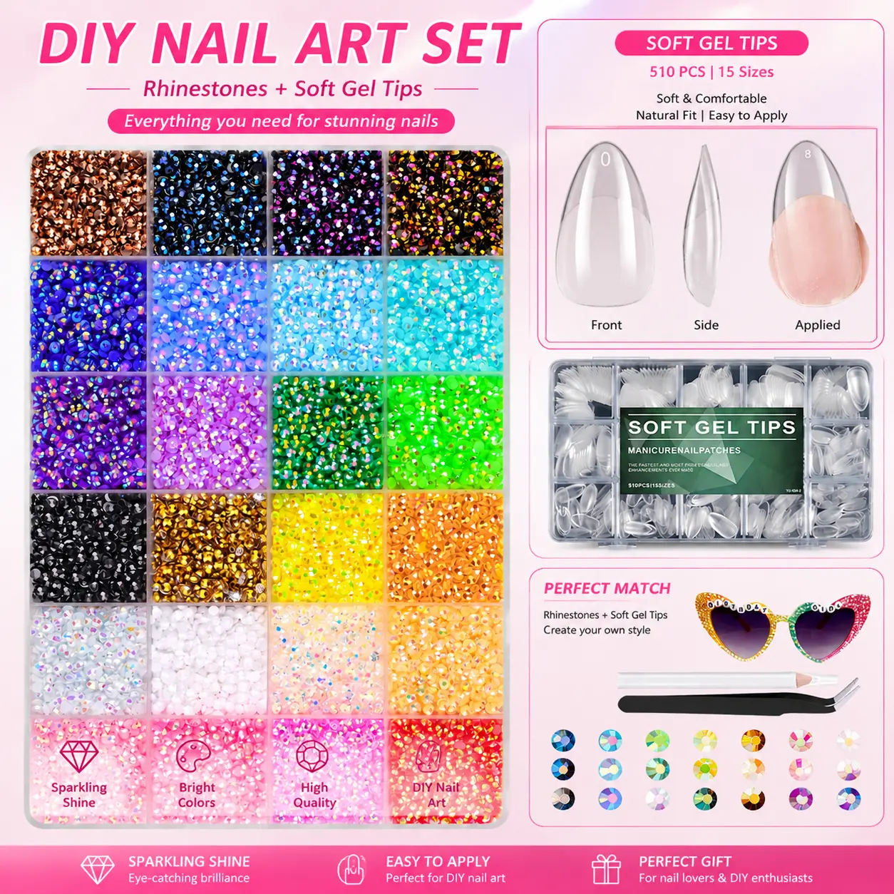 #Summervibes DIY Nail Art Set: 510PCS Pre-Etched Extra Short Clear Gel Tips & Gem Bedazzling Kit with Mixed Resin Rhinestones, Tweezers, and Pick up Pen