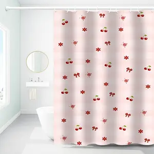 1pc Pink Checkered Cherry Flower Printed Shower Curtains with Plastic Hooks, Shower Curtain for Bathtub Bathroom,Suitable for Home and Hotel, Machine Washable Bathroom Decor,As Best Gifts for Friends