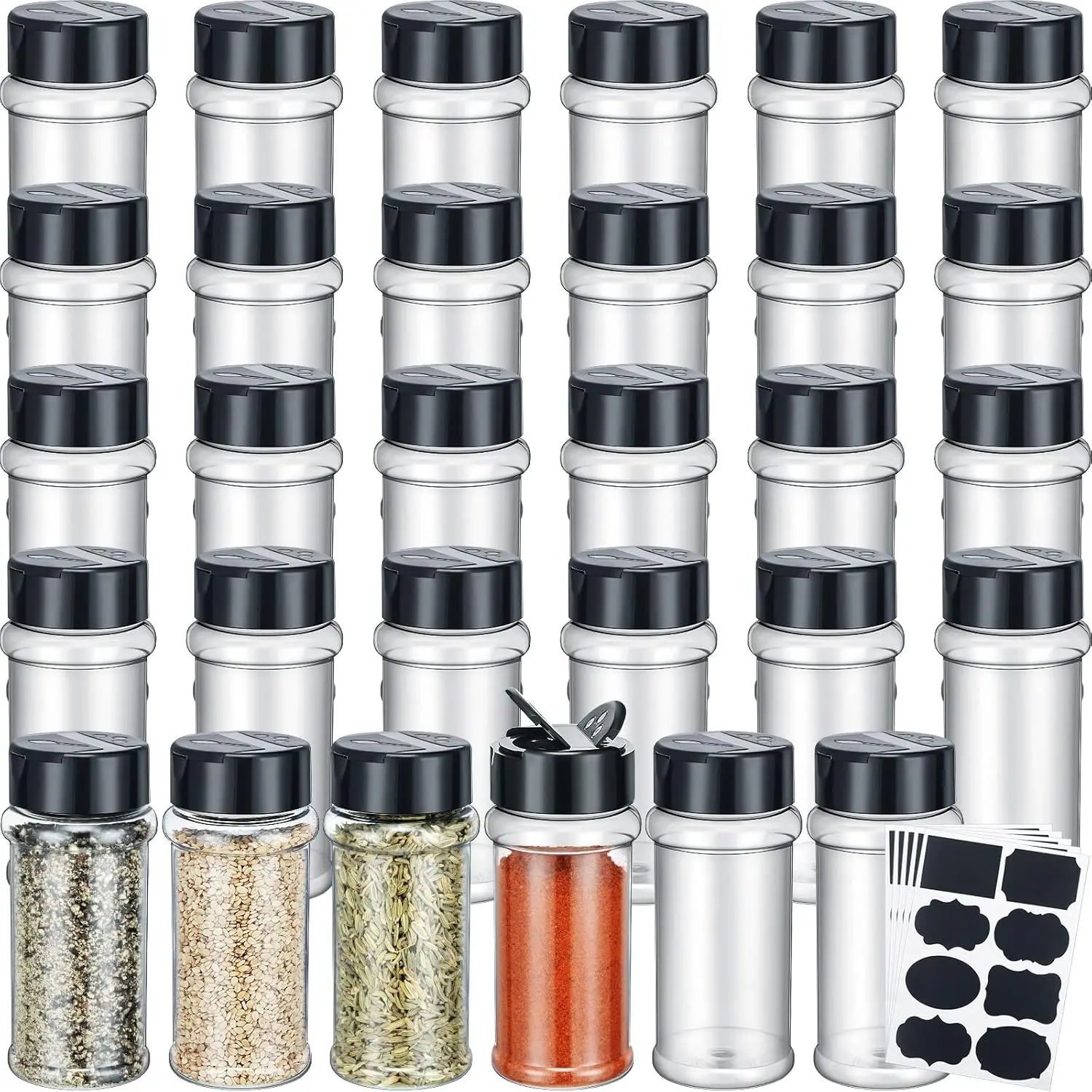 36Pcs 3oz Clear Plastic Spice Jars, Black Shaker Lids Empty Seasoning Bottles, Comes With Labels, Portable Condiment Storage Container for Pepper Herb Powder Kitchen Organization