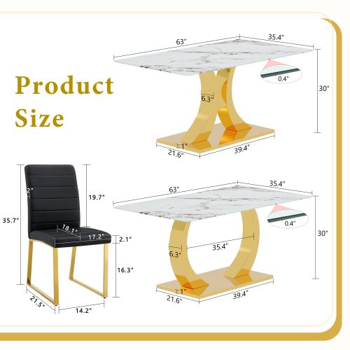 Bellemave Marble patterned tempered glass dining chair set (gold decoration): 63 inch dining table+4 modern minimalist style dining chairs Bellemave Marble patterned tempered glass dining chair set (gold decoration): 63 inch dining table+4 modern minimalist style dining chairs