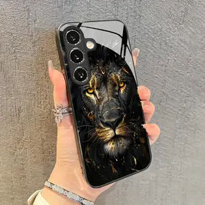 Full Screen Black Fashion Lion Pattern Glass Phone Case, Suitable for Galaxy A05s/A13/A14/A15/A16/A23/A24/A25/A26/A30/A32/A33/A34/A35/A36/A52/A53/A54/A55/A56/A72/A90/S20/S21 FE/S22/S23/S23 Ultra/S24/S24 FE/S24 Ultra/S25/S25 Ultra/S25 Plus/S25 Edge, Fashio