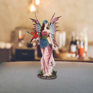 21"H Red Fairy with Red Parrot Statue Fantasy Decoration Figurine Large Sculpture