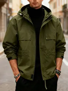 Men's casual workwear jacket, zipper closure - chest patch pocket decoration design, windproof and warm hooded jacket, 100% polyester fiber, suitable for daily leisure, machine washable, work travel, spring and autumn seasons
