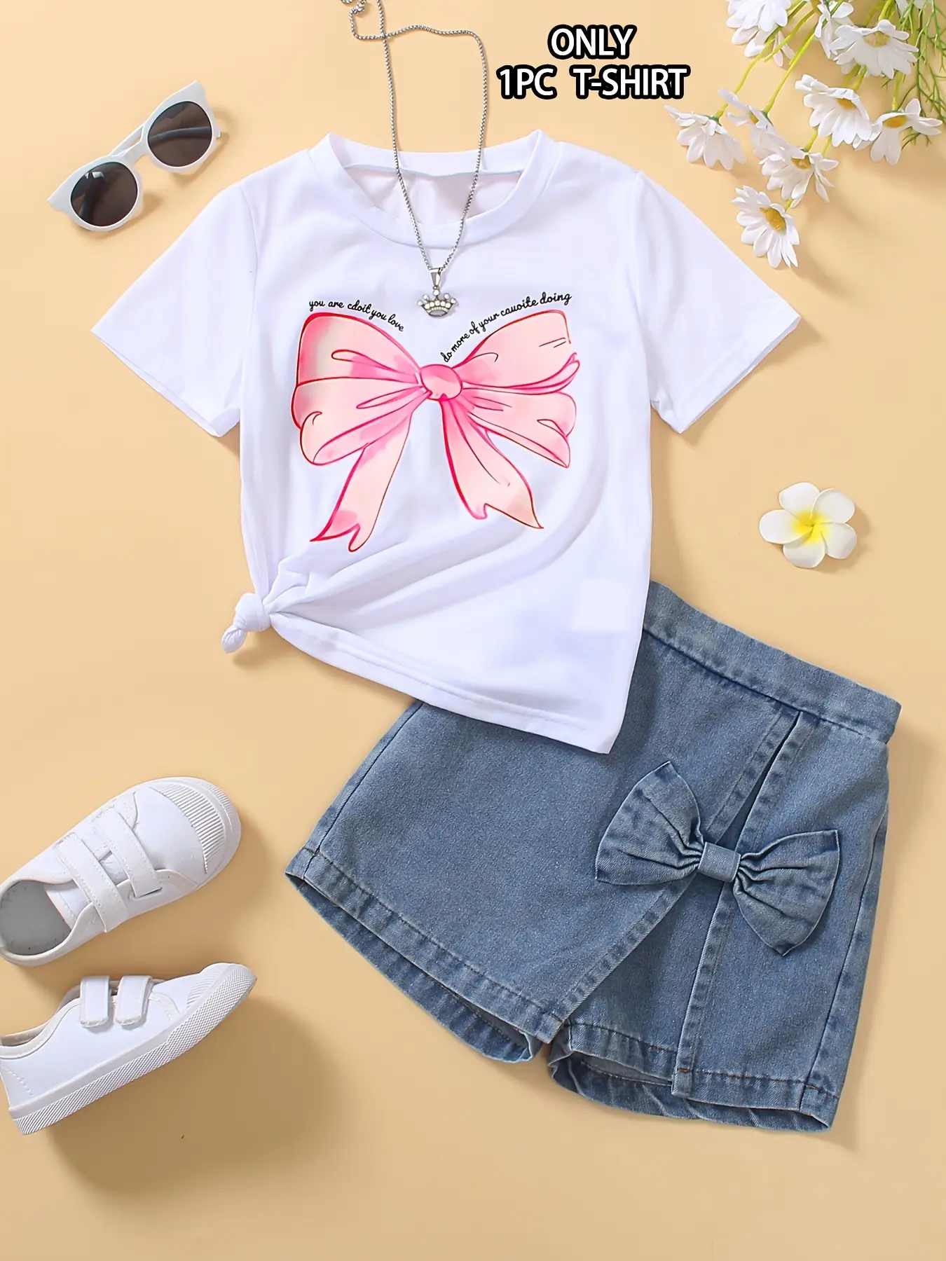 Pink Bow Quote Kids T-Shirt, Watercolor Pink Bow Short Sleeve Cotton White Toddler Girls Tee