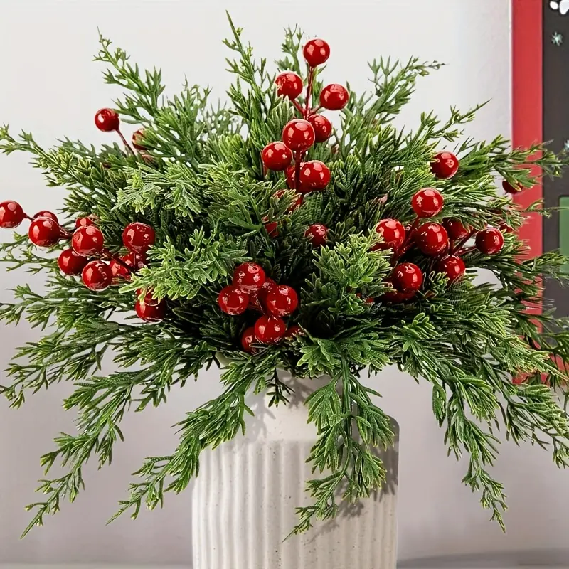 60 Pcs Christmas Artificial Pine Branches with Red Berry Stems,10.5" Faux Evergreen Norfolk Pine Cypress Leaves Stems,Fake Foliage Pine Needles Picks for DIY Craft Garland Home Decor\Suitable for holiday decoration, Halloween, wedding, Christmas tree de