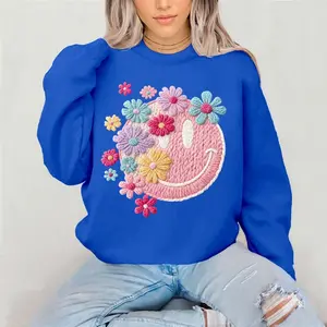 Flowered Happy Face FAUX YARN Crewneck Sweatshirt Gildan Everyday Style Super Soft Unisex Fit Streetwear Graphic Top warm Womenswear Casual Printed Long Sleeved
