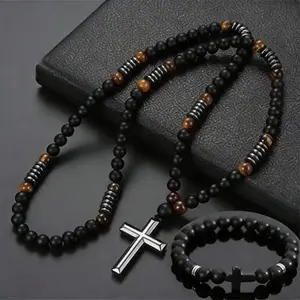Black Onyx Hematite and Tiger Eye Men Beaded Necklace with Cross Bracelet Set Triple Protection Religious Jewelry for Anxiety Relief,Healing Necklace