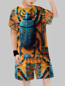 Boys' Short Sleeve Shorts Set, Fitted Casual Style, Random Print Design, Perfect for Daily Wear & Play, Comfortable Clothing