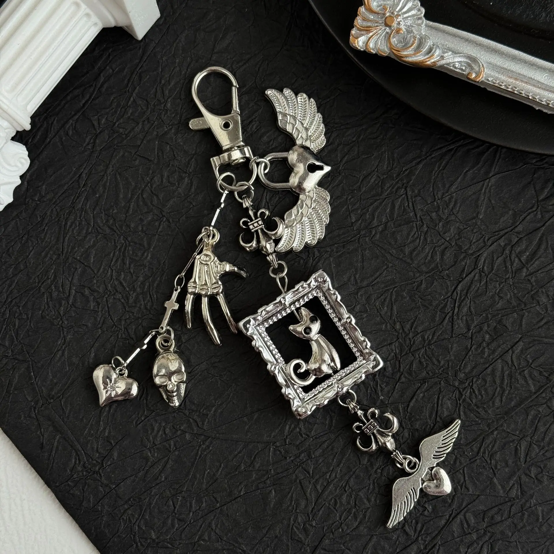 Keychain Bag Charm, Vintage Gothic Black Cat in Antique Silver Finish, Layered Clip-On Ornament with Skull, Wing & Heart Pendants, Alt Dark Aesthetic Bag Accessories