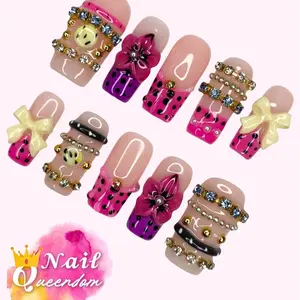 Nail Queendom [SPOTTED BLOOM] Handcrafted 3D Press-On Nails Reusables Long Lasting Salon Quality Easy Application 10 Pieces Set Eco-Friendly 3D-gel Finish