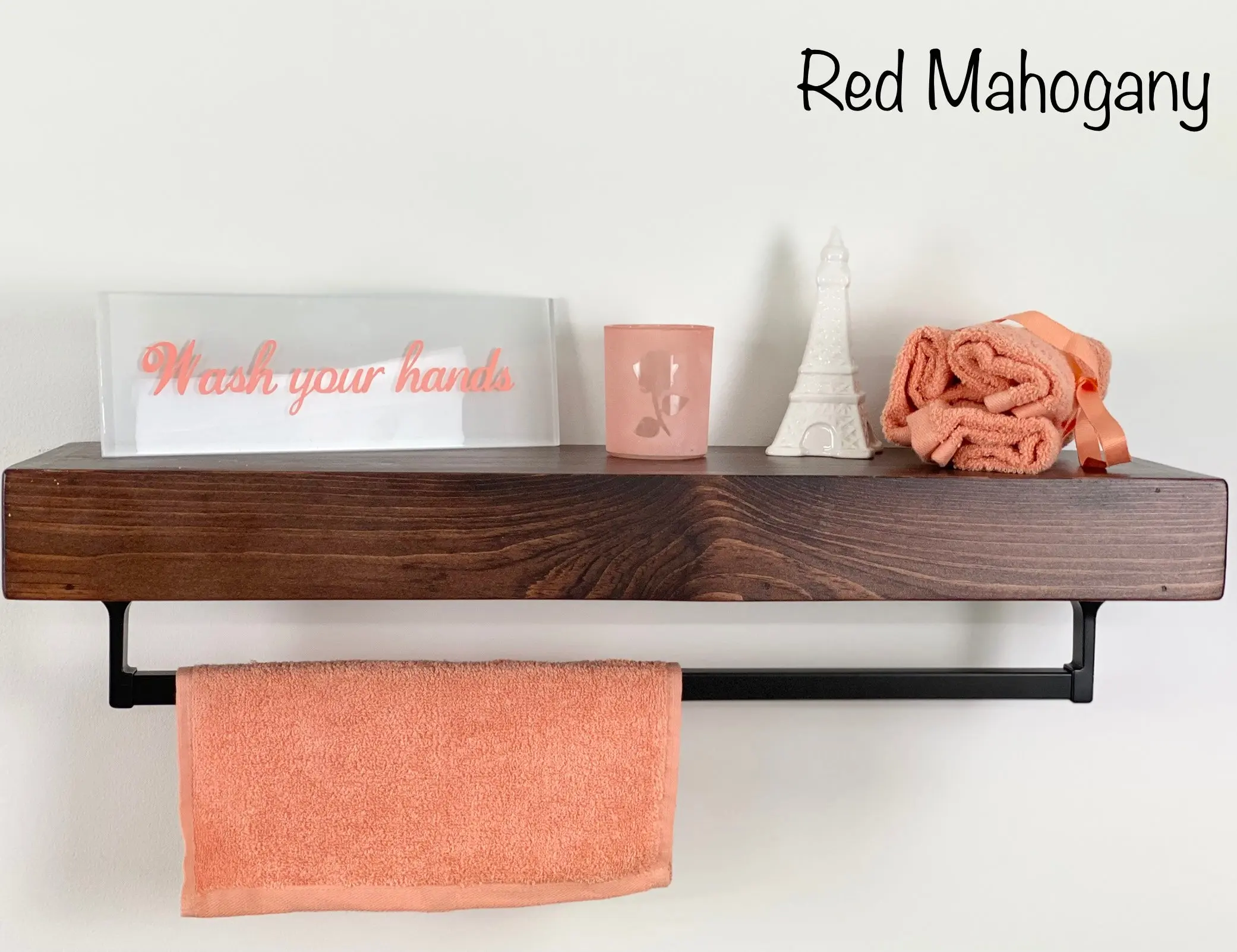 Red Mahogany Floating Shelf - Square Oil-Rubbed Bronze Towel Bar