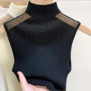 Casual Black Sleeveless Top with High Neck and Ribbed Texture for Women