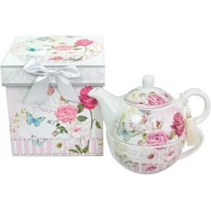 Bone China Tea for One Set in Floral Design, in attractive Reusable Handmade Gift Box (With Ribbon)