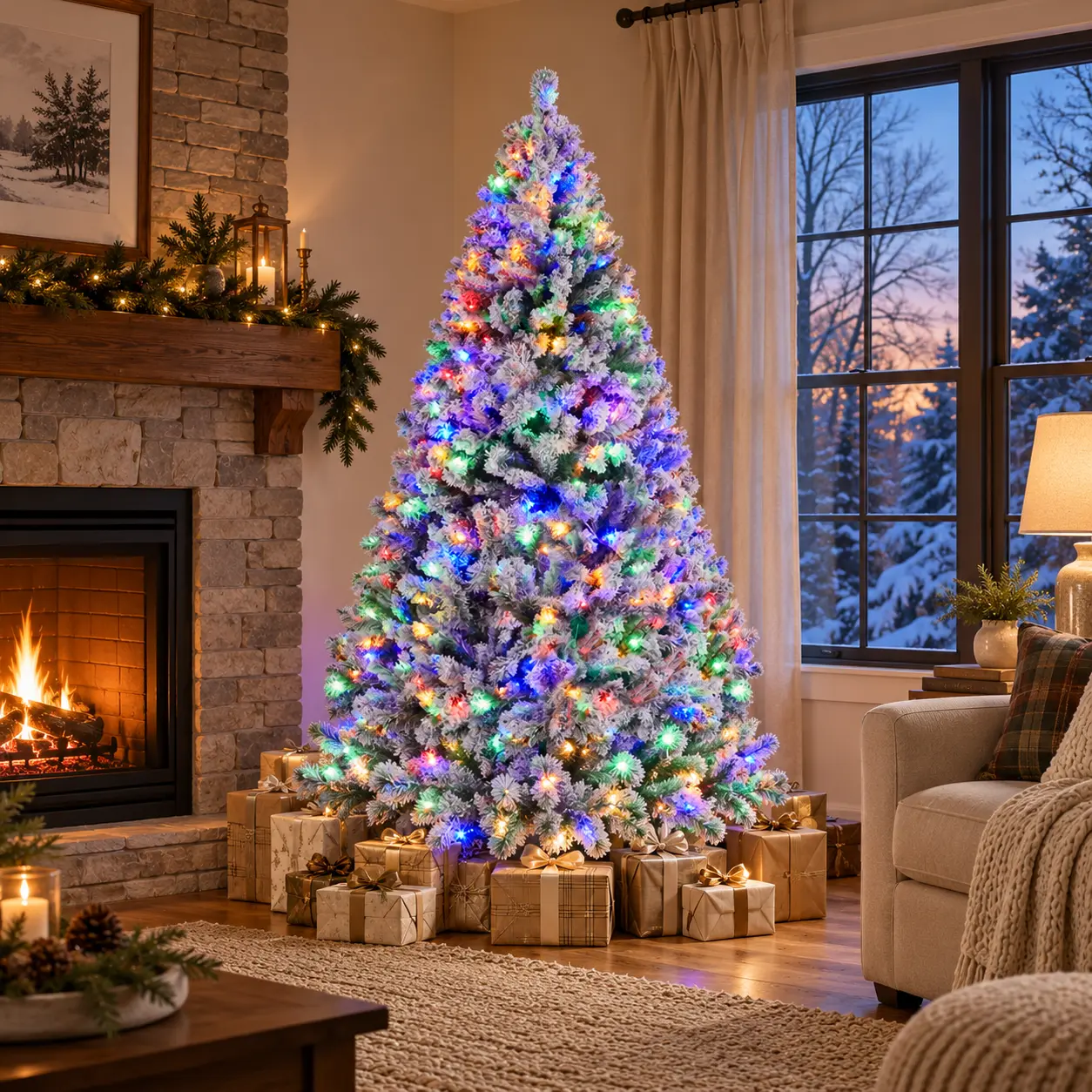 【9 Light Modes】Yaheetech Pre-Lit Snow Flocked Christmas Tree (4.5/6/7.5/9FT) - Classic Style PVC Plastic, 550 Multicolored LED Lights, 9 Modes, 1284 Branch Tips, Flame-Retardant, Ornaments-Ready for Home Party Decor (Festive Glow)