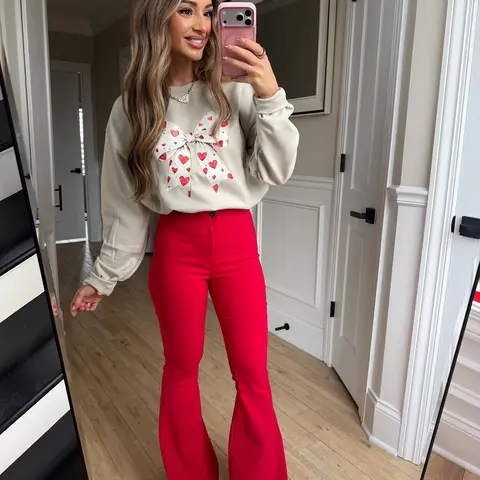 Women's Fiona High-Waisted Bell Bottom Flare Jeans - Red, Stretchy Smooth Spandex Fabric, Button Closure, Zip Fly, Day Wear, Day Or Night