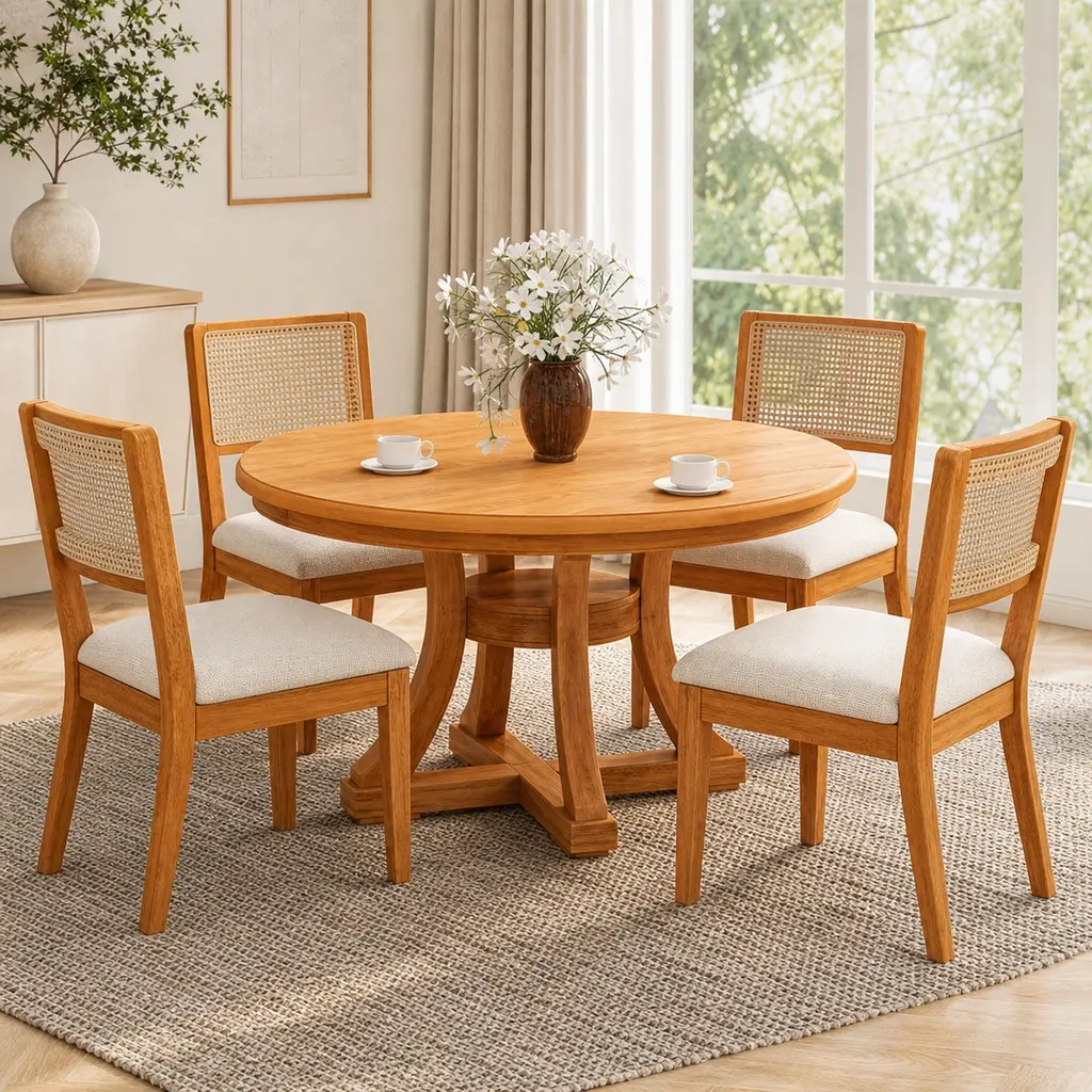 5-Piece Dining Table Set Extendable Round Table with Butterfly Leaf and 4 Upholstered Chairs, Solid Rubber Wood Natural Finish, Retro Farmhouse Kitchen Dining Room Furniture Set for Family Gatherings, Natural Wood Color Options