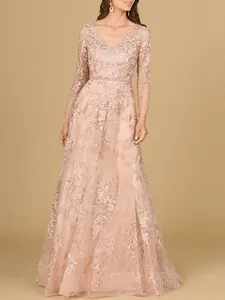 Long Sleeve V-Neck Lace Gown with Beaded Belt