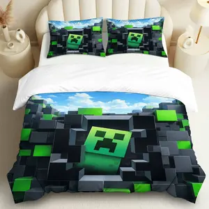 3PCS Duvet Cover Set, 1 Duvet+2 Pillowcases(Without filler), Pixel Game Creeper Block Sky Green theme, Festival bedding set, Gamer Bedroom Bed Playroom Dorm Suitable for decoration.