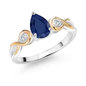 Gem Stone King 925 Sterling Silver and 10K Yellow Gold Blue Sapphire and White Lab Grown Diamond Ring For Women (1.44 Cttw, Pear Shape 8X6MM)