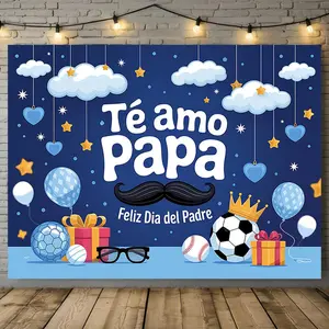 1PC,2D Flat Spanish Father's Day Backdrop, "Te amo Papa" Cartoon Style Blue Background Cloth, Suitable for Party Decoration and Photo Shooting, Creates Festive Atmosphere for Father's Day Celebra