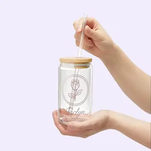 Personalized Birth Month Flower Sipper Glass, Custom 16oz Drinking Cup, Name Engraved Gift, Birthday Floral Tumbler Drinkware Beverage