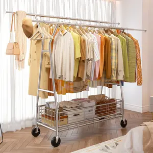 Raybee Heavy Duty Rolling Clothing Rack 630LBS with Wheels, Double Rod Clothes Rack, Durable Metal Construction, Portable & Versatile Coat Rack for bedrooms, apartments, laundry rooms