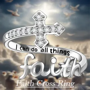 1Pc Creative Elegant Shining Rhinestone Faith Cross Open Ring Exquisite Women's Couple Prayer Blessing Jewelry Accessories Suitable for Women, Daughters, Girls Holiday Gifts