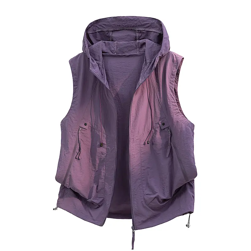 Men's Gradient Hooded Gilet, a Lightweight Loose-Fitting Nylon Top with Zippered Pockets for Outdoor Casual Wear, Vest, Foldable, H Type, Hangable