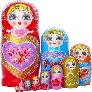 Russian Nesting Dolls 10pcs Matryoshka Wood Stacking Nested Set Heart Shape Girl Handmade Toys for Children Kids Christmas Birthday Halloween Wishing Gift