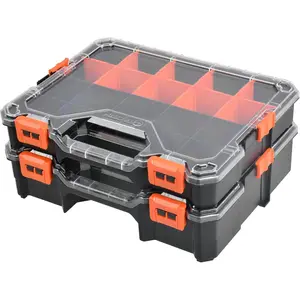 2 count Interlockable Tool Organizer, Toolbox with Adjustable Dividers & Bins & Transparent  Portable Hardware Storage Box for Screws, Nuts, Fishing Accessories (Black&Orange)