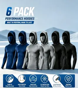 6 Pack Men UPF Sun Protection Compression Hooded Shirts, Quick Dry Breathable Long Sleeve Athletic Tops with Attached Face Mask, Lightweight Cooling Performance Activewear for Fishing Construction Outdoor Work